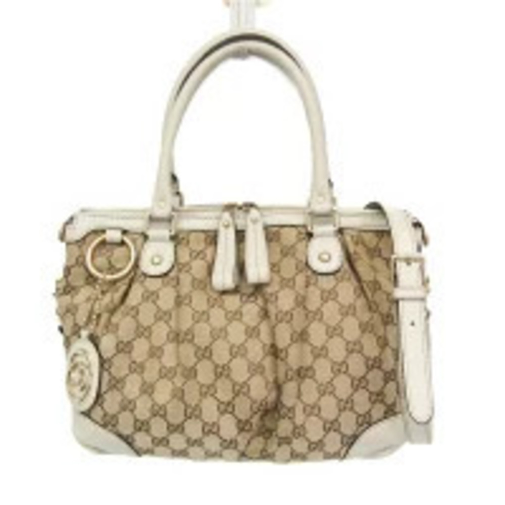 Gucci Sukey Leather GG Canvas Hobo Shoulder Bag Beige White